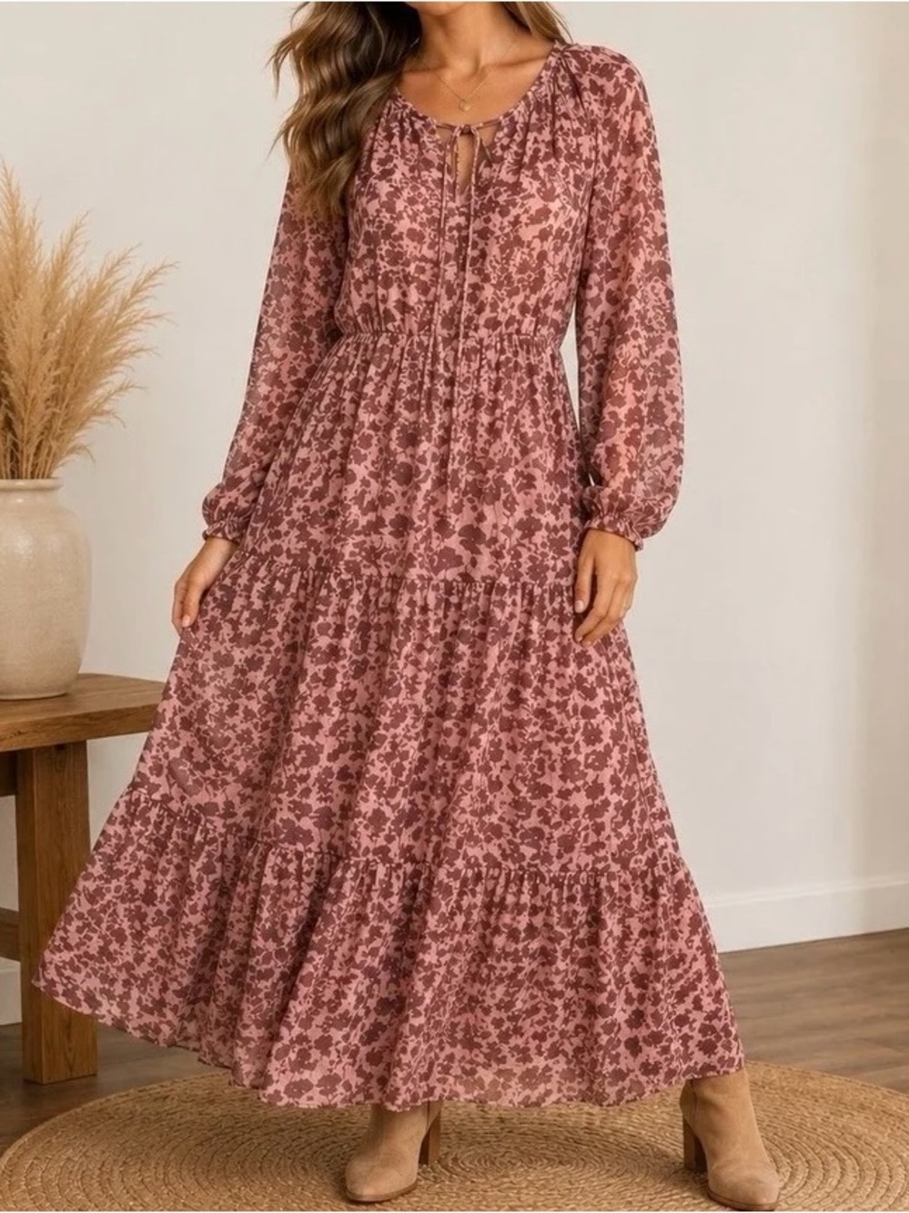 Laurel Grey Romantic Floral Tiered Maxi Dress Size L Balloon Sleeves Feminine